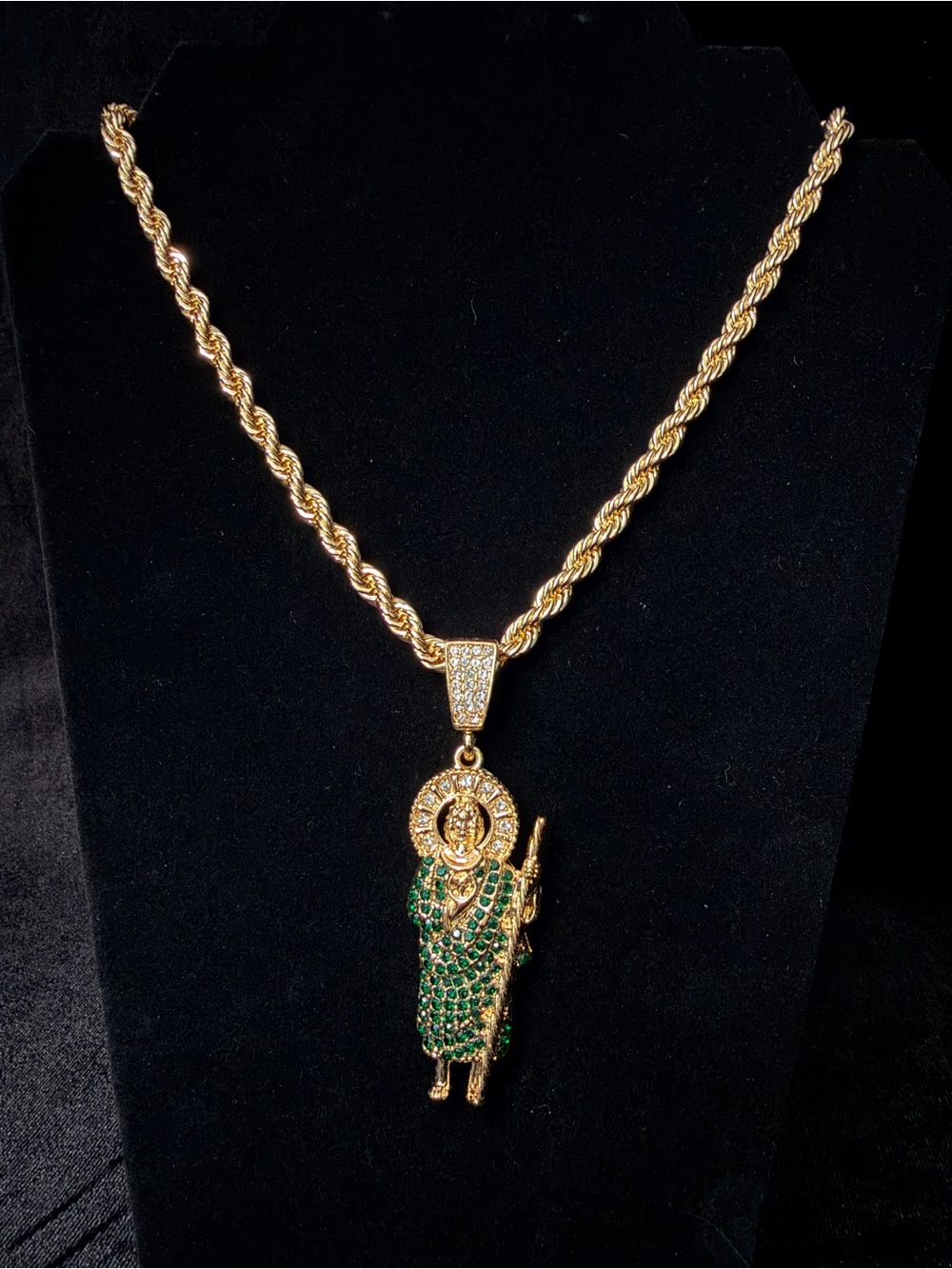 St. Jude & Rope Chain Set Clear & Green Pave’ CZ 18in 6MM Gold plated Beautiful